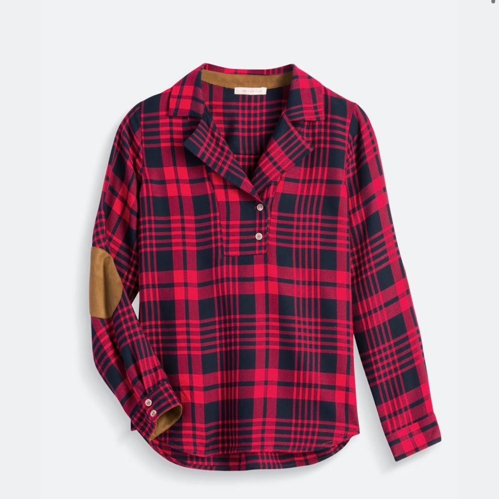 Skies Are Blue Plaid Elbow Patch Top Red Black Flannel Small